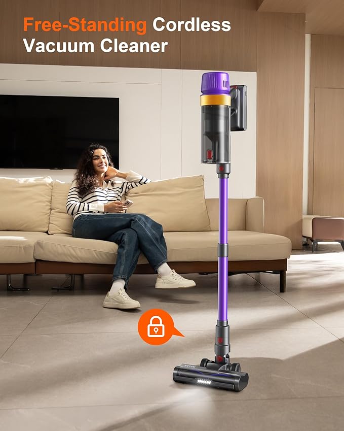 TVTAU Cordless Vacuum Cleaner, 620W 55KPA 75Mins Runtime Stick Vacuum with Self-Standing, LED Display, V-Shape Anti-Tangle Brush, 8-Stage Filtration, for Hardwood Floors Carpets Pet Hair, T10 Pro