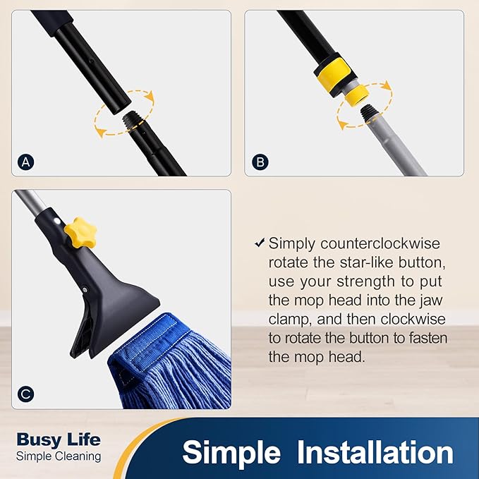 Yocada Looped-End String Wet Mop Heavy Duty Cotton Mop Commercial Industrial Grade Telescopic Iron Pole Jaw Clamp Floor Cleaning 55.1 inch