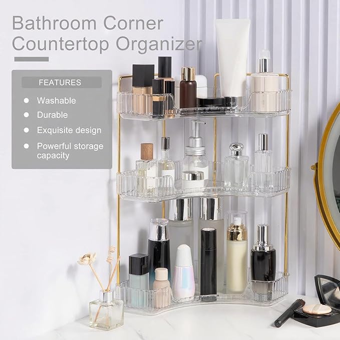 INVSSENE Corner Bathroom Countertop Organizer, Vanity Trays for Counter, Makeup Organizers, Perfume Tray, Kitchen Spice Rack, (Clear, 3 Tiers)