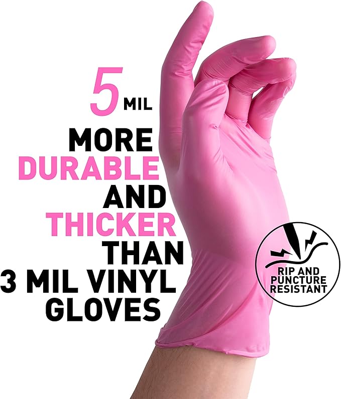OKIAAS Black/Pink Vinyl Disposable Gloves Latex Free, Food Grade, 5 mil, Cooking, Cleaning, Hair Dye, 50/100/200/1000 Count