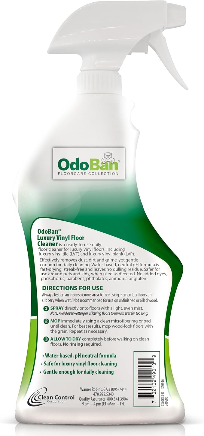 OdoBan Ready-to-Use Luxury Vinyl Floor Cleaner, Streak Free and Neutral PH Formula, Made in the USA, Scentless, 32 Oz Spray 3-Pack