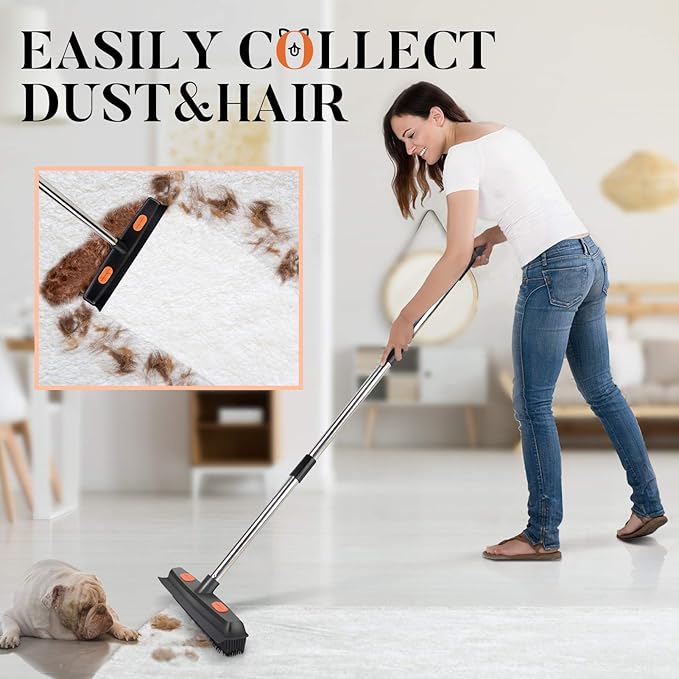 Conliwell Rubber Broom Carpet Rake for Pet Hair, Fur Remover Broom with Squeegee, Portable Detailing Lint Remover Brush (Stainless 4 Steel Handle)