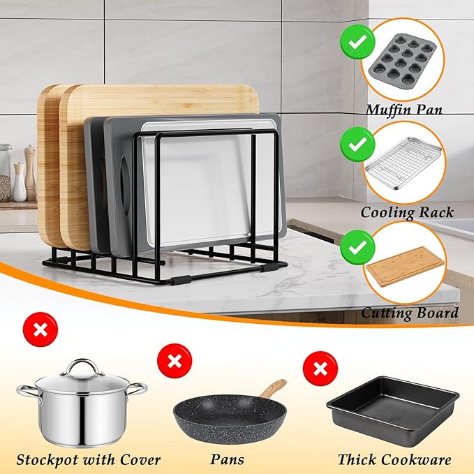 AKSONMN Baking Sheet Organizer Rack – 5-Slot Bakeware & Cookie Tray Holder for Kitchen Cabinet or Countertop, Stainless Steel Cutting Board Rack with Rust-Resistant Frame & Anti-Slip Feet