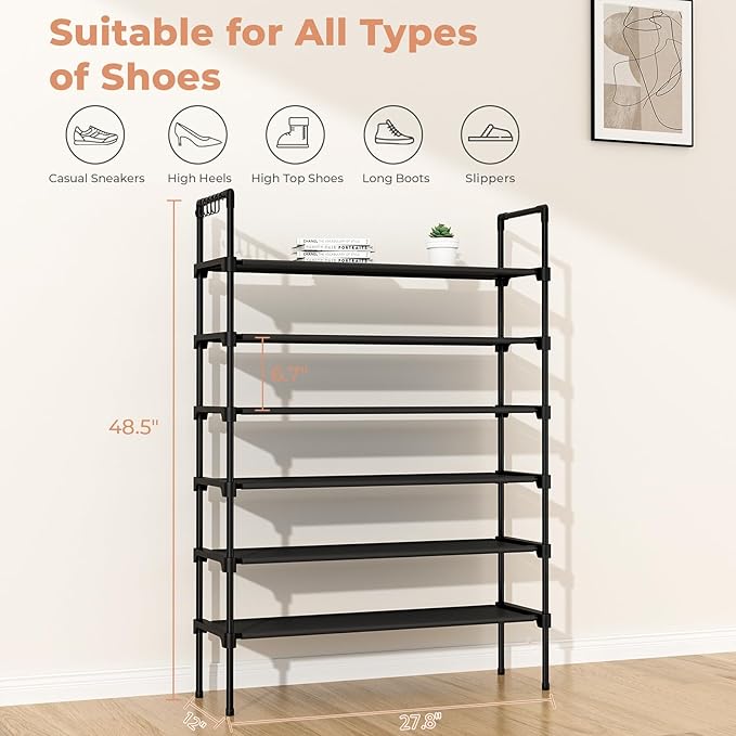 LANTEFUL 6 Tier Shoe Rack for Closet Shoe Organizer with 5 Hooks, Long Shoe Shelf Storage for Shoe and Boot Stackable Free Standing Shoe Rack for Entryway, Garage, Small Spaces, Dorm, Black