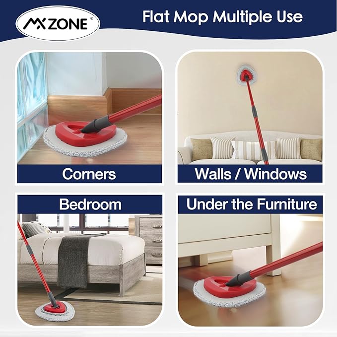 Spin Flat Mop Pad Replacement Compatible with O Cedar Mop Head Replace Flat Triangle Mop, Wet Damp Dry Sweeping Pads Washable, Microfiber, 4 Mopping Pads and 1 Mop Base
