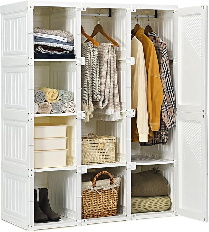 Tangkula Portable Closet Wardrobe, Foldable Clothes Organizer with Cubby Storage, Hanging Rods, Easy Assemble Clothing Storage with Magnet Doors, Folding Bedroom Armoire (8 Cubbies & 2 Rods)