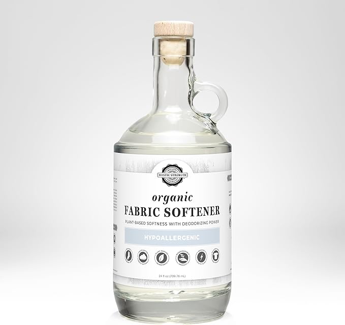 Rustic Strength Natural Fabric Softener, Non-Toxic, Biodegradable, Reduces Static, Removes Soap Build-Up, HE Compatible, 24 oz Glass