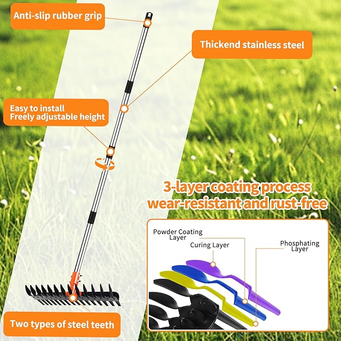 2-in-1 Thatch Rake with Dual Different Tines - Dethatcher Rake for Lawns, Versatile Lawn Rake for Thatch Removal and Soil Care, Heavy Duty Garden Rake Includes Reusable Waste Bag & Gloves