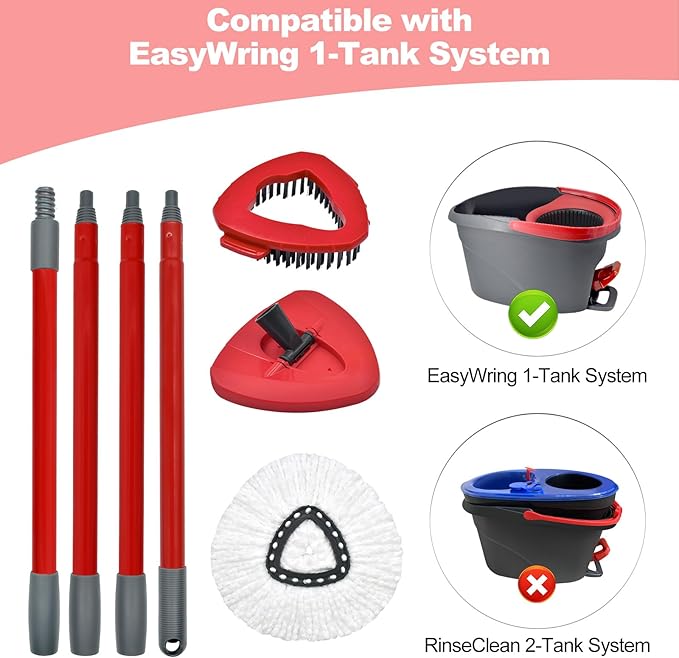 Mop Handle Mop Replace Heads and Mop Base Brush Replacement for O Cedar EasyWring 1-Tank System Include 3 Spin Mop Replacement Head, 4-Section Mop Handles, 1 Base and 1 Scrub Brush Combo
