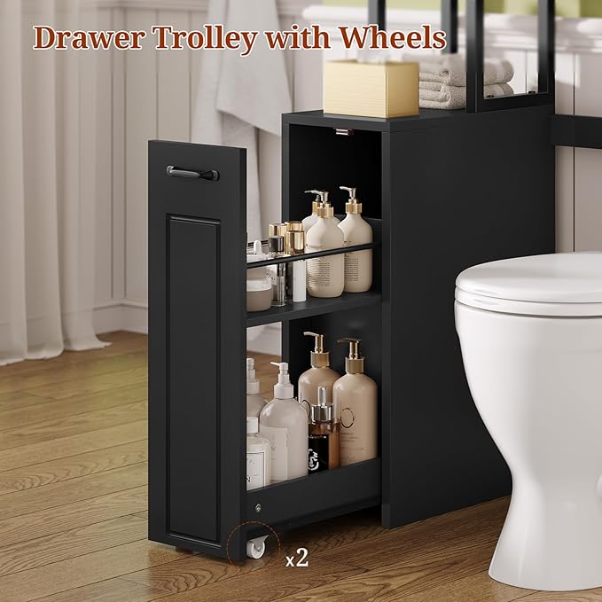 UPOSOJA Over The Toilet Storage Cabinet with Pulley, Bathroom Organizer W/6 Hooks for Restroom, Laundry, Plant Stand (Black)