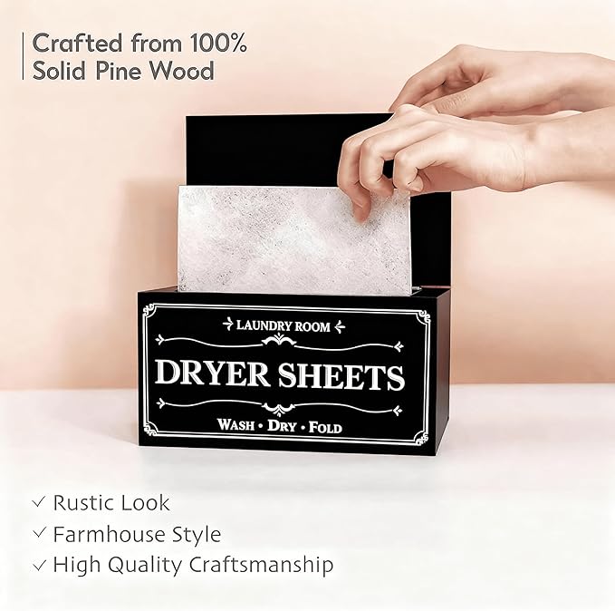 Rustic Farmhouse Decor Dryer Sheet Holder With Hinged Lid - For Laundry Room Organization - Laundry Softener Dispenser - Home Laundry Room Décor (Black)
