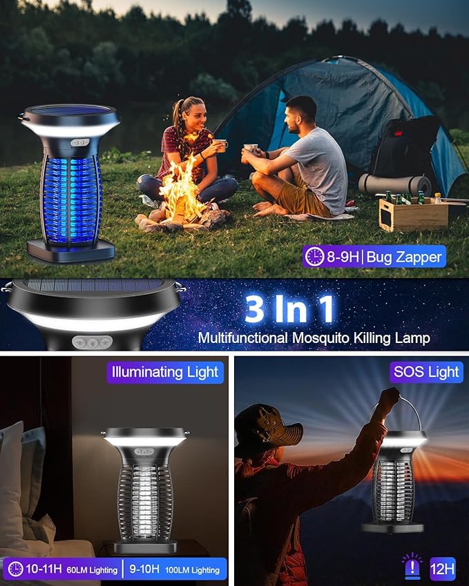 Solar Bug Zapper Outdoor Waterproof, Portable Pest Control Electric Mosquito Zapper Killer with Panel Sensor, Rechargeable Insect Trap Fly Zapper for Home, Patio, Backyard, Camping