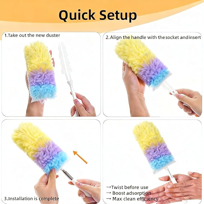 Heavy Duty Duster Refills, Disposable Dusters Kit for Cleaning Dusting Furniture Blind Ceiling Fan, Multi Surface 360 Feather Duster(10)+3FT Extended Handle（1） (Colorful)