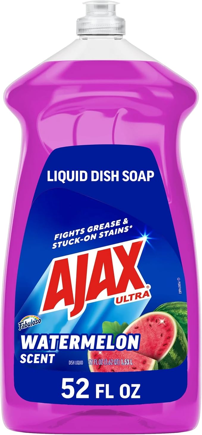 Ajax Ultra Liquid Dish Soap with Fabuloso Watermelon Scent, Fights Grease and Stuck-On Stains, Deep Cleaning Action, Mess-Free, Easy-Flip Cap, 52 fl oz Bottle