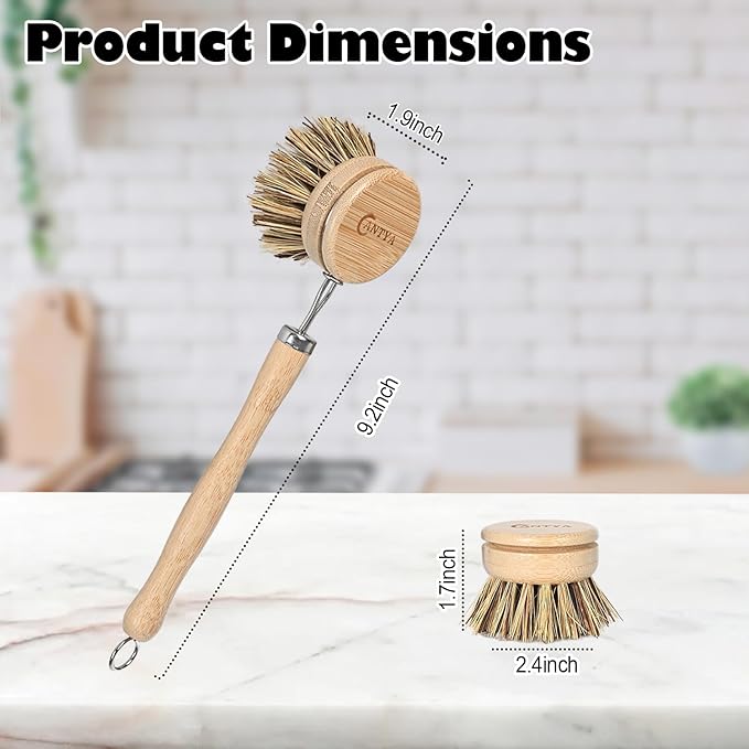 Bamboo Dish Scrubber with Handle - Hard Bristle, Natural Kitchen Brush, Sustainable & Biodegradable, Bamboo Brush for Dishes, Pans and Pots
