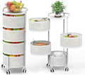 JAQ Rotating Storage Carts No Assembly, 4-Tier Round Storage Basket Rack Shelf Organizer on Rolling Wheels for Fruit Vegetables Grocery Corns Potato Onion Snack in Kitchen Pantry (4-Tier, White)
