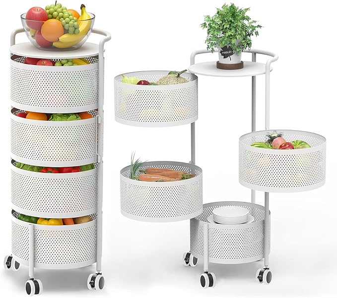 JAQ Rotating Storage Carts No Assembly, 4-Tier Round Storage Basket Rack Shelf Organizer on Rolling Wheels for Fruit Vegetables Grocery Corns Potato Onion Snack in Kitchen Pantry (4-Tier, White)