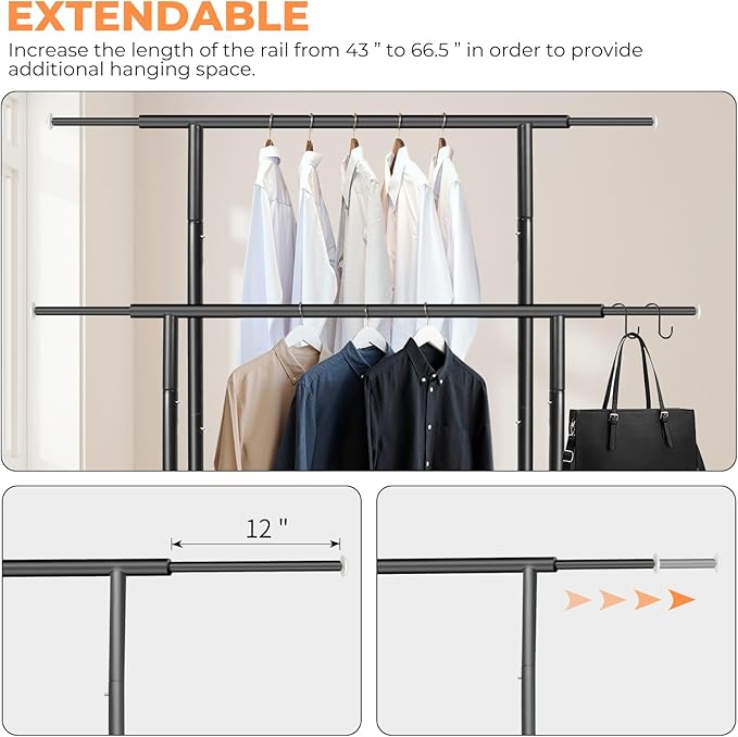 Fishat Stand Portable Black Double Rods Garment Clothes Rack with Rolling and Lockable Wheels Mobile, 48" W x 15" D x 67" H, Metal Simple Hanging Clothes with 2 Hook