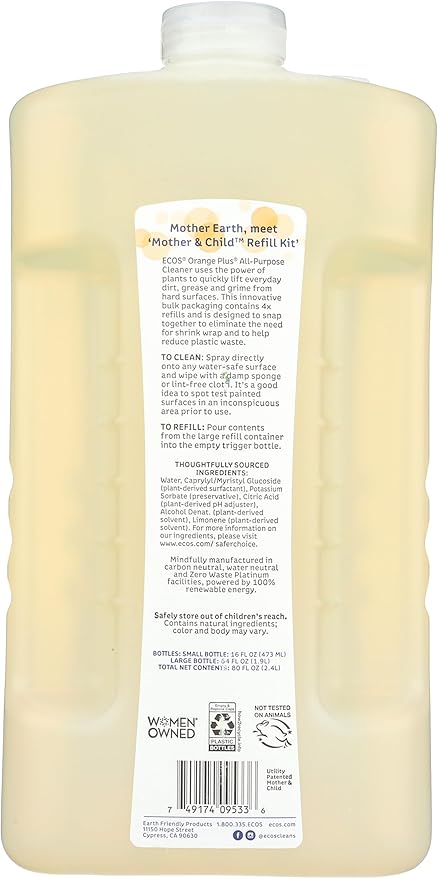 ECOS Non-Toxic All-Purpose Cleaner, Orange, 1 Small and 1 Large 80 oz Bottles by Earth Friendly Products