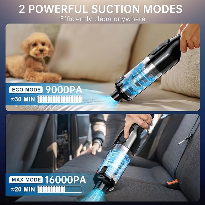 dormzie Handheld Vacuum Cordless, Car Vacuum with 16000Pa Powerful Suction, Lightweight at 1.3 lbs, Type-C Charge, Multiple Accessories, Rechargeable Vacuum Cleaners for Home Office Car Pet