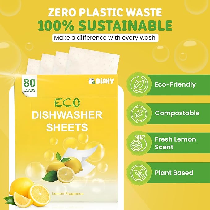 Dishy Eco-Friendly Dishwasher Detergent Sheets - 80 Loads | Plant-Based, Biodegradable & Plastic-Free | Alternative to Dishwasher Tablets | Fresh Lemon Scent