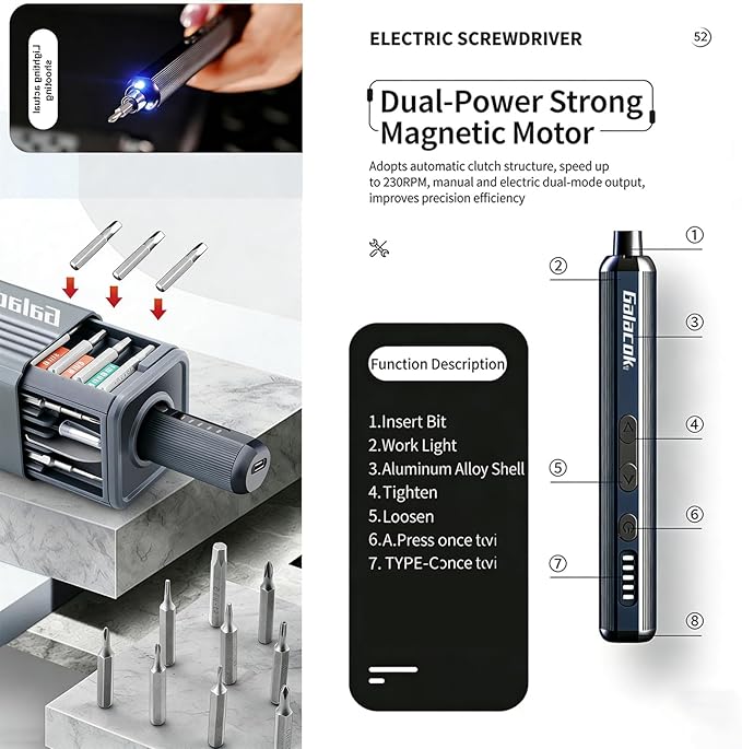 Cordless Electric Screwdriver Set, Rechargeable Precision Screwdriver with LED Ring Light, Type-C Charging, Multi-Bit Kit for Home Repair and Electronics