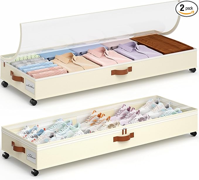 Yecaye Under Bed Storage with Wheels, 2 Pack Under Bed Storage Containers with Adjustable Dividers & Clear Window, 85L Rolling Underbed Organizer Bins Drawers for Clothes, Shoes, Blankets Toys, Beige