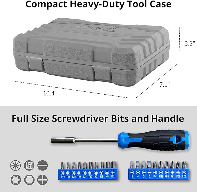 Apollo Tools 81-Piece Home Tool Set with 3.6V Li-Ion USB Cordless Screwdriver, Rotating Handle, LED Light, Hand Tools & Picture Hanging Kit – Compact Household Repair & DIY Kit, Blue/Gray DT2020
