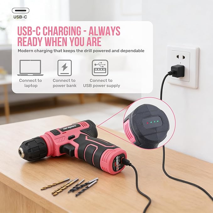 Hi-Spec Pink Tool Set with 8V Drill Set. Complete Cordless & Rechargeable USB Electric Drill Driver Kit for Women, Home DIY Repair & Maintenance, in a Compact Toolbox.