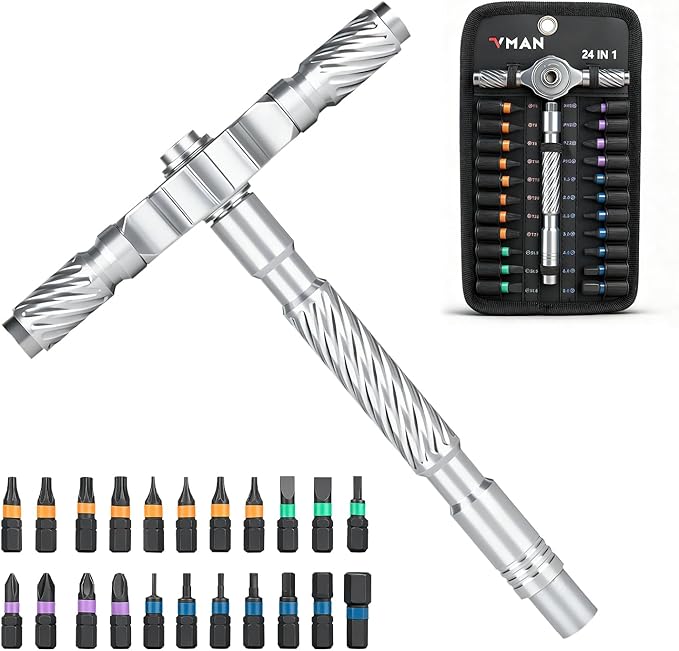 VMAN Ratchet Magnetic Screwdriver Set, 24 in 1 S2 Steel Bits and Head-tail Drive T-Handle, DIY Combination Flexible Shaft for Furniture Assembly, Electrical Appliance Repair, Bicycle Tools