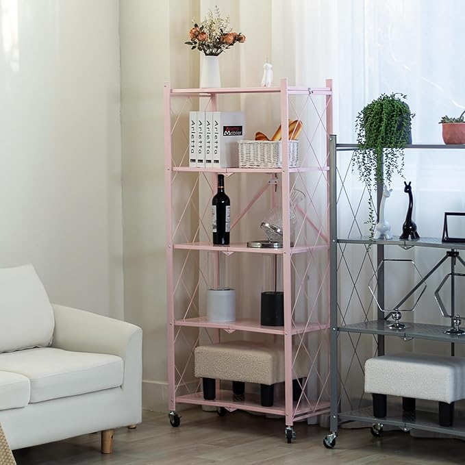 BRIAN & DANY 5-Tier Foldable Storage Shelves with Wheels, Folding Metal Rack Shelving Unit, Heavy Duty No Assembly Organizer Shelf for Garage, Kitchen, Basement, Pantry, Pink
