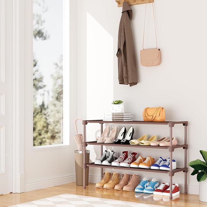 34" Widening Design Shoe Rack for Closet 16 Pairs Small Spaces Non-Woven 3 Tier Shoe Organizer Stackable Metal Shoe Shelf for Entryway, Bedroom Brown