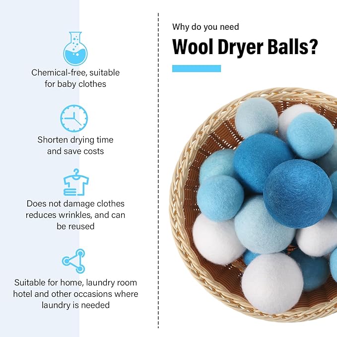 24 Pack Blue Wool Laundry Balls, 3.15'', 2.4'' Reusable Laundry Wool Dryer Balls Natural No Lint Fabric Softener for Clothing Wrinkles