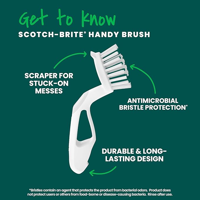 Scotch-Brite Handy Brush, Small and Durable Dish Brush with Handle for Scrubbing Hard-to-Reach Cookware, Tubs, Sinks, Car Tires, and More without Scratching, Antimicrobial, and Rinses Clean