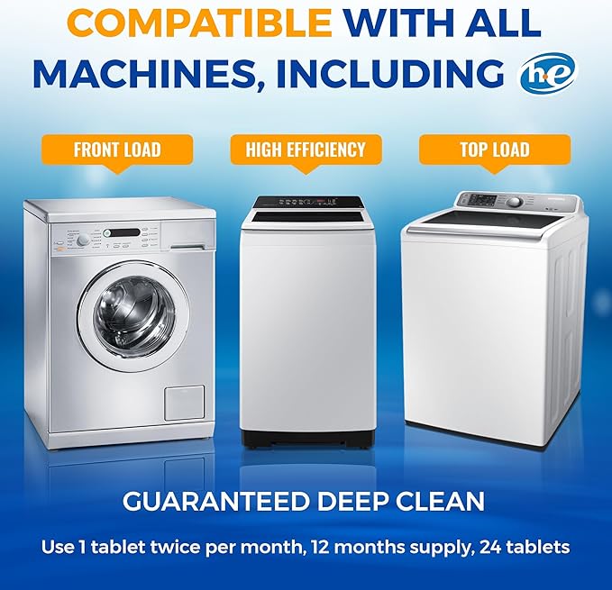 Bastion Washing Machine Cleaner, Deodorizer, & Descaler 6-Pack - Active Deep Cleaning Tablets For HE Front Loader & Top Load Washer, Septic Safe Eco-Friendly - 3 Month Supply