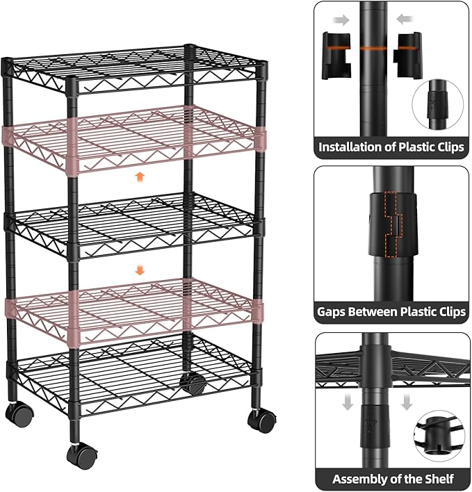 Golpart Small 3 Tier Shelves Storage Wire Shelving Unit Metal Shelf Adjustable Organizers Storage Shelving with Wheels for Bathroom Laundry Room Kitchen Pantry12”D x 18”W x 30.7”H Black