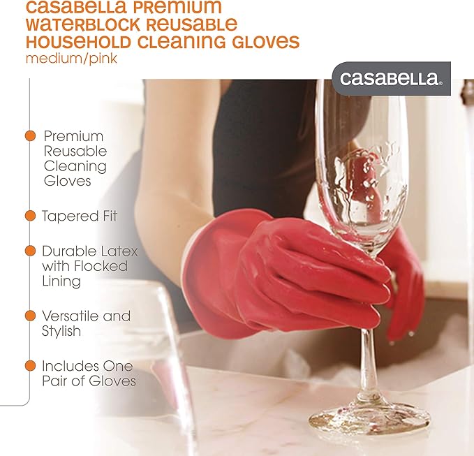 Casabella Premium Waterblock Reusable Household Cleaning Gloves, Medium, Pink (Pack of 2)