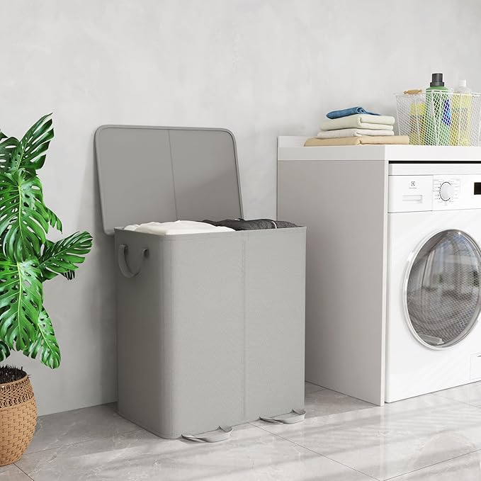 Lifewit Double Laundry Hamper with Lid and Removable Laundry Bags, Large Collapsible 2 Dividers Dirty Clothes Basket with Handles for Bedroom Laundry Room Closet Bathroom College, 136L Silver Gray