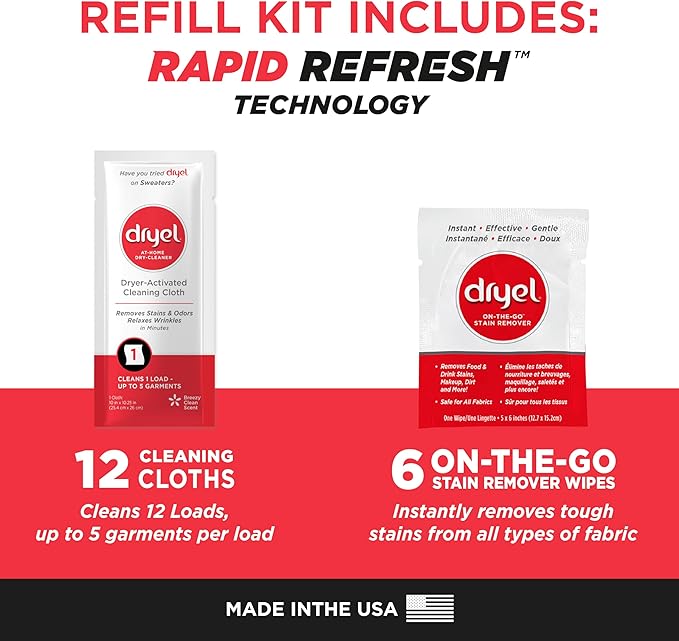 dryel At-Home Dry Cleaner Refill, New and Improved, Gentle Laundry Care for Special Fabrics and Dry-Clean-Only Clothes, 12 Loads with On-the-Go Stain Remover, pack of 12