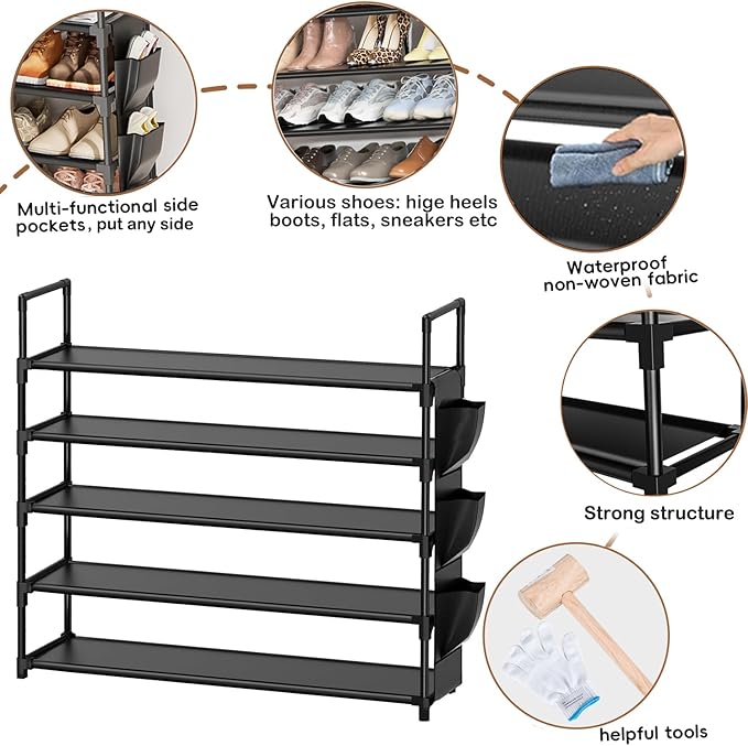 OYREL 5 Tier Shoe Organizer Rack for Closet, Entryway, Garage, Door, Space Saving, Shoe Holder Stand/Tower, Large, 20-25 Capacity