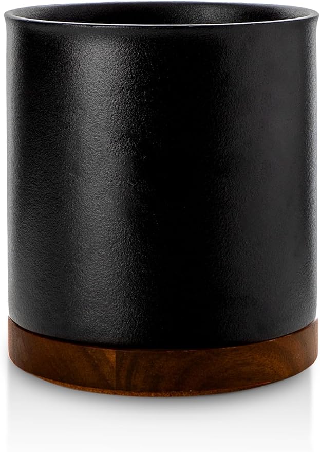 Nucookery 360°Rotating Utensil Holder, 7.2" Large Utensil Crock, White Ceramic Cooking Utensil Organizer,Farmhouse Kitchen Decor Christmas Thanksgiving Gift (Stone Black)