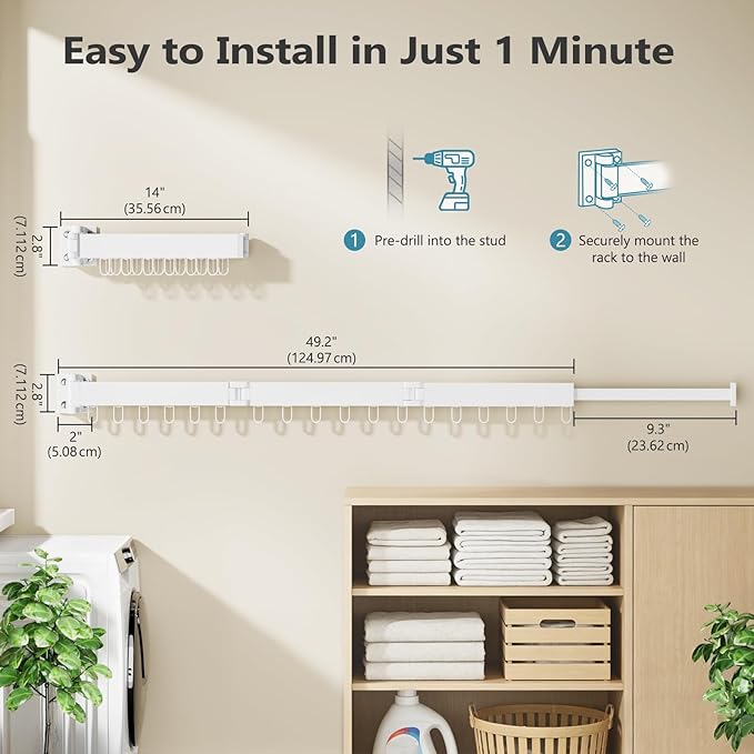 JAUREE Clothes Drying Rack Wall Mounted, Space-Saving Drying Rack Clothing, Collapsible Foldable Retractable Laundry Rack with 18 Hooks, Indoor/Outdoor, White