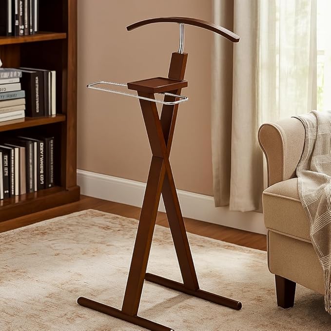 Proman Products Josh Freestanding Wooden Valet Stand Organizer with Tray, Hanger, Trouser Bar, Walnut