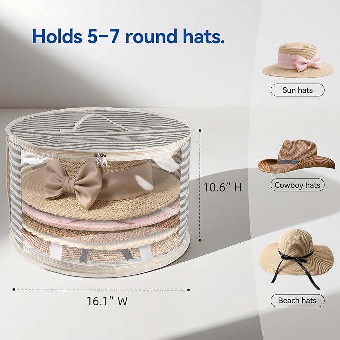 1 Pack Hat Storage Box with Clear Window, Holds up to 7 Caps Cowboy Hat Organizer Bag for Closet for Wide Brim Hats with Carrying Handles, Gray
