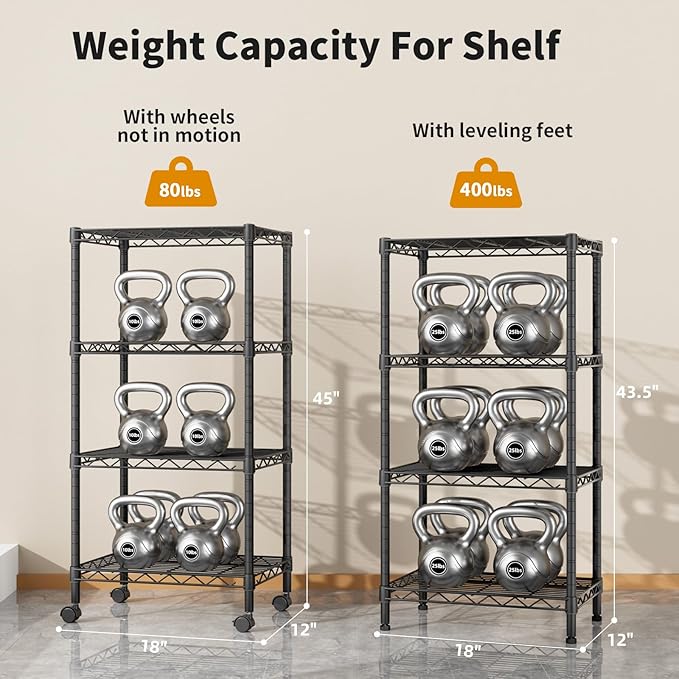 Golpart Small 4 Tier Shelves Storage Wire Shelving Unit Metal Shelf Adjustable Organizers Storage Shelving with Wheels for Bathroom Laundry Room Kitchen Pantry12”D x 18”W x 44.8”H Black
