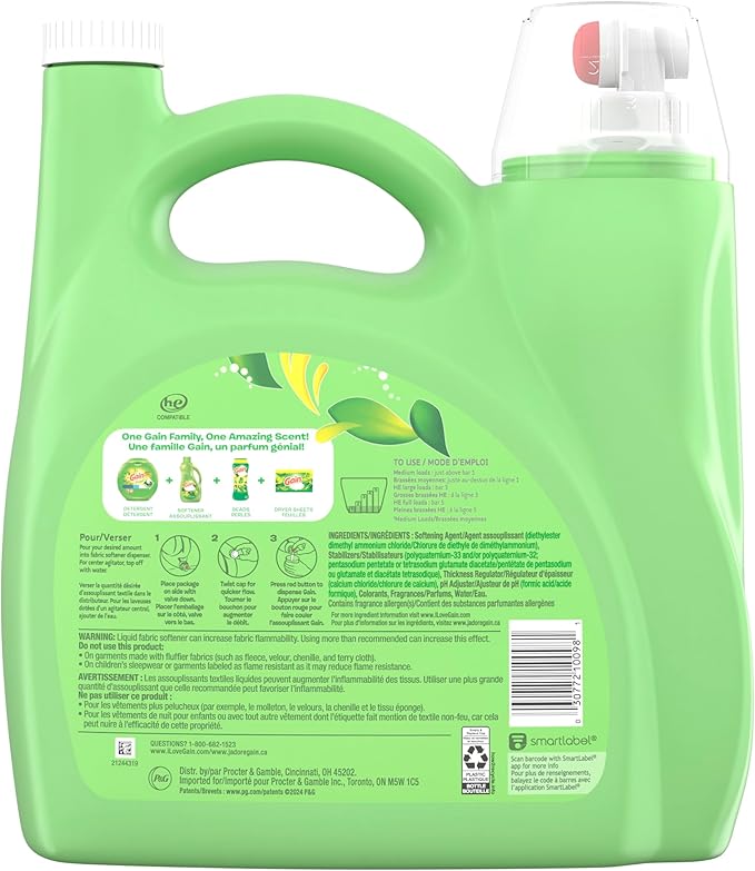 Gain Liquid Fabric Softener,Original Scent,140 FL OZ,190 Loads,Liquid Fabric Softener For Soft,Fresh Laundry,(Pack of 2)