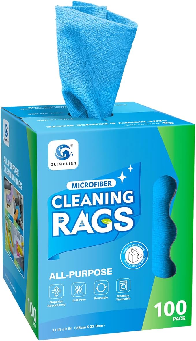 GLIMGLINT Shop Towel, 100 Pack Blue Microfiber Cleaning Cloth, Lint-Free, Ultra Absorbent Reusable Paper Towels for Home, Kitchen, Car, Garage or Shop, Cleaning Rags, 11" x 9"