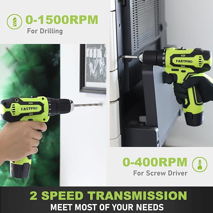 FASTPRO 175-Piece 12V Cordless Drill Set, Drill Driver and Home Tool Kit, House Repairing Tool with 12-Inch Storage Bag, For DIY, Home Maintenance, Green