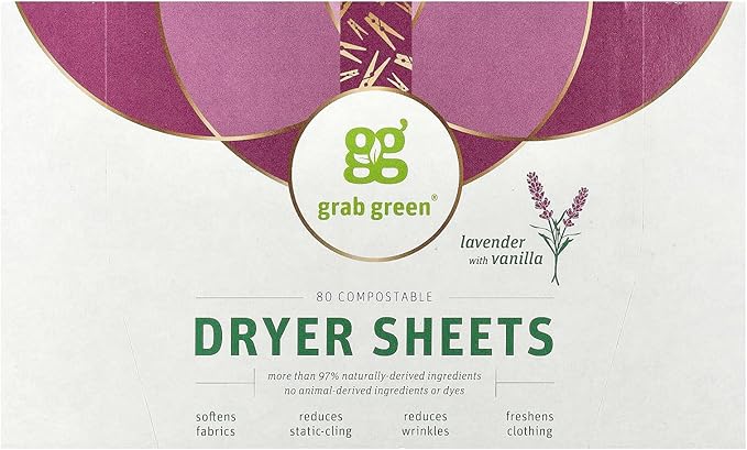 Grab Green Dryer Sheets, 80 Sheets, Lavender Vanilla Scent, Plant and Mineral Based, Compostable, Softens Fabrics, Reduces Static Cling and Wrinkles