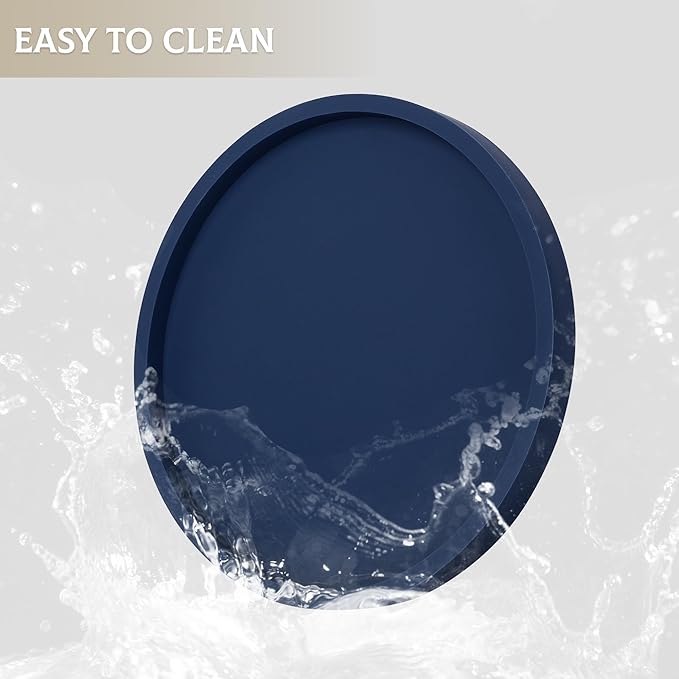 Silicone Bathroom Tray Round Vanity Tray Decorative Soap Holder Kitchen Countertop Organizer Coffee Table Decor for Candle, Perfume, Plant, 10 Inch, Dark Blue